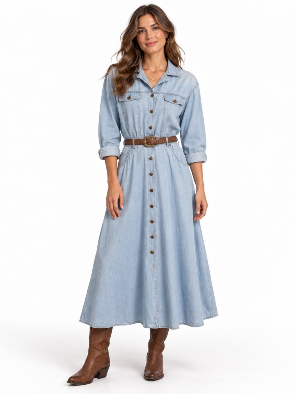 Vintage 90s Lizwear Denim Maxi Shirtdress Size 12 Light Wash Western Cowgirl